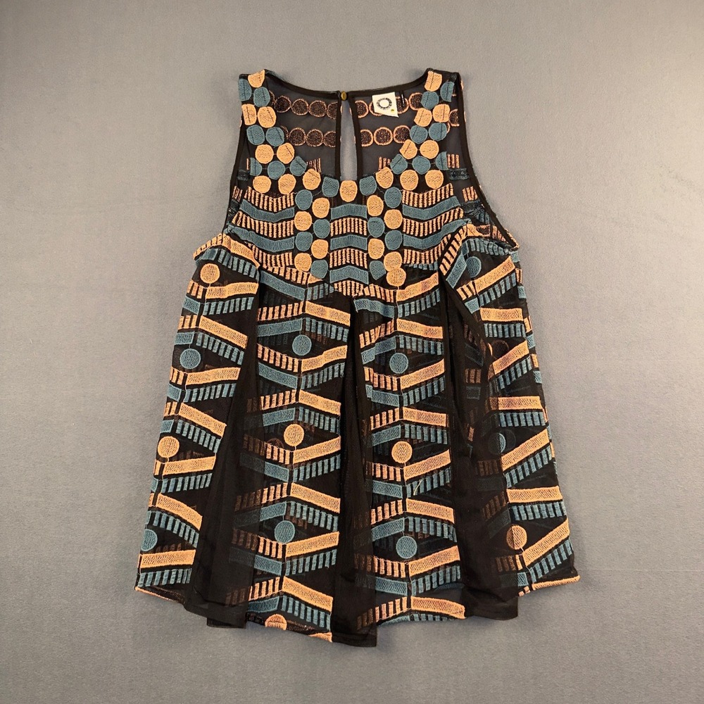 Anthropologie Akemi + Kin Geometric Embroidered‎ Mesh Tank Black Small OB415586